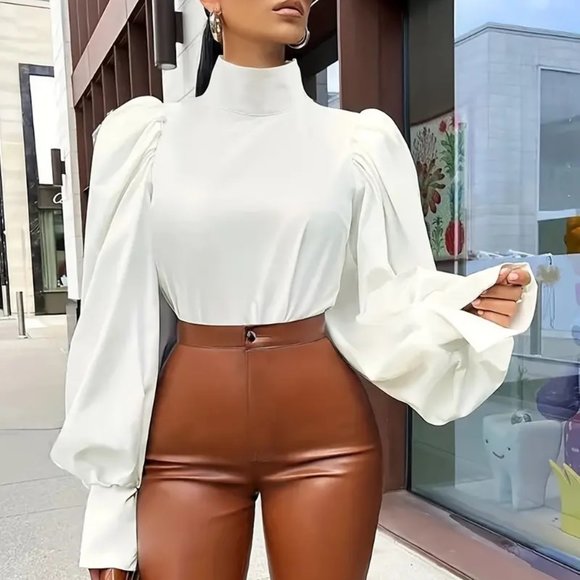 High Neck Lantern Long Sleeve Vintage Solid Versatile Blouse - Picture 1 of 5